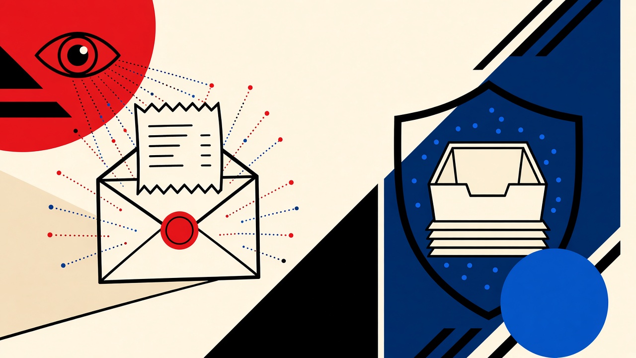 Checkout receipt envelope with tracking pixel threads leading to a distant observer beside a shielded inbox