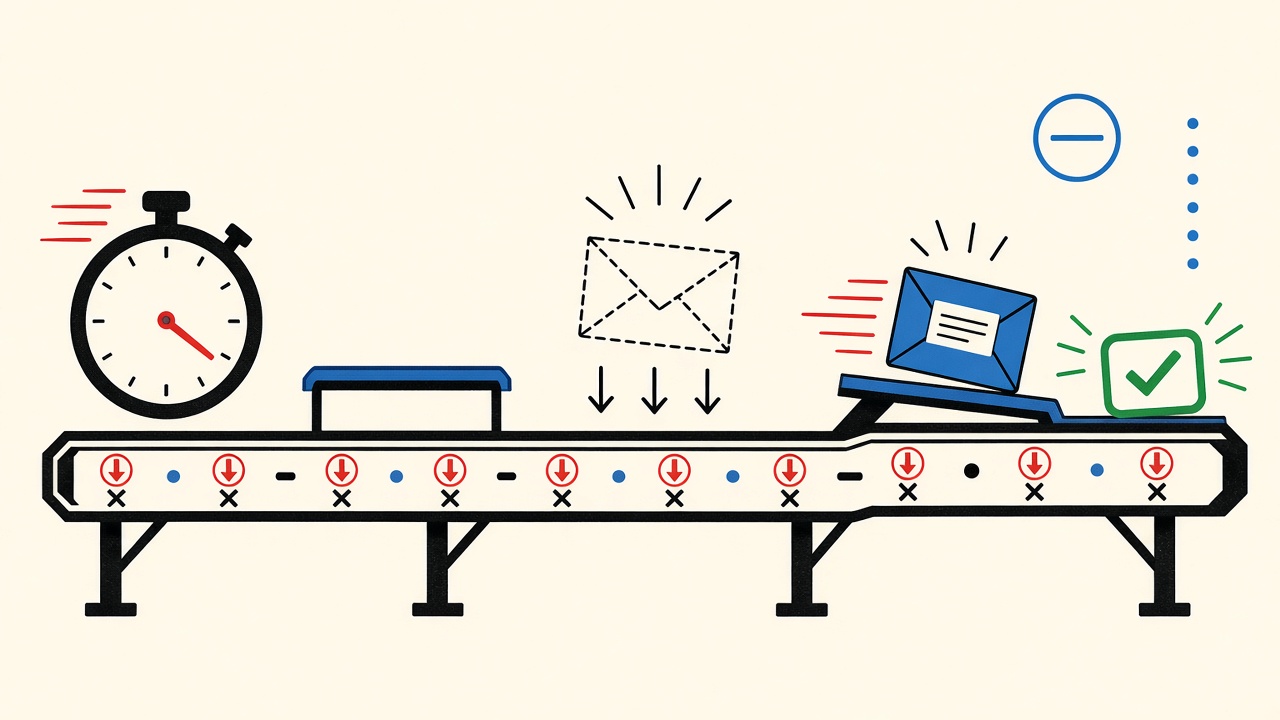 Stopwatch beside an envelope arriving on a retry conveyor with a green success stamp