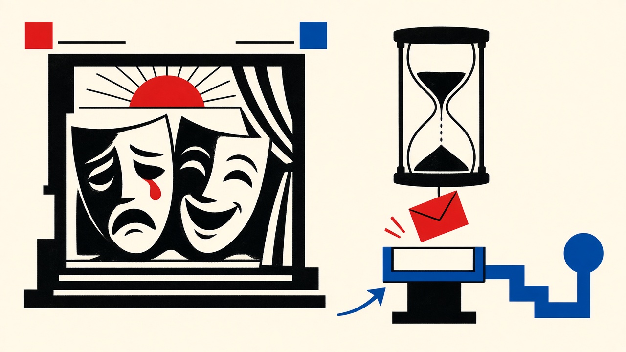 Hourglass and inbox tray waiting for a delayed verification envelope on a cream postal stage