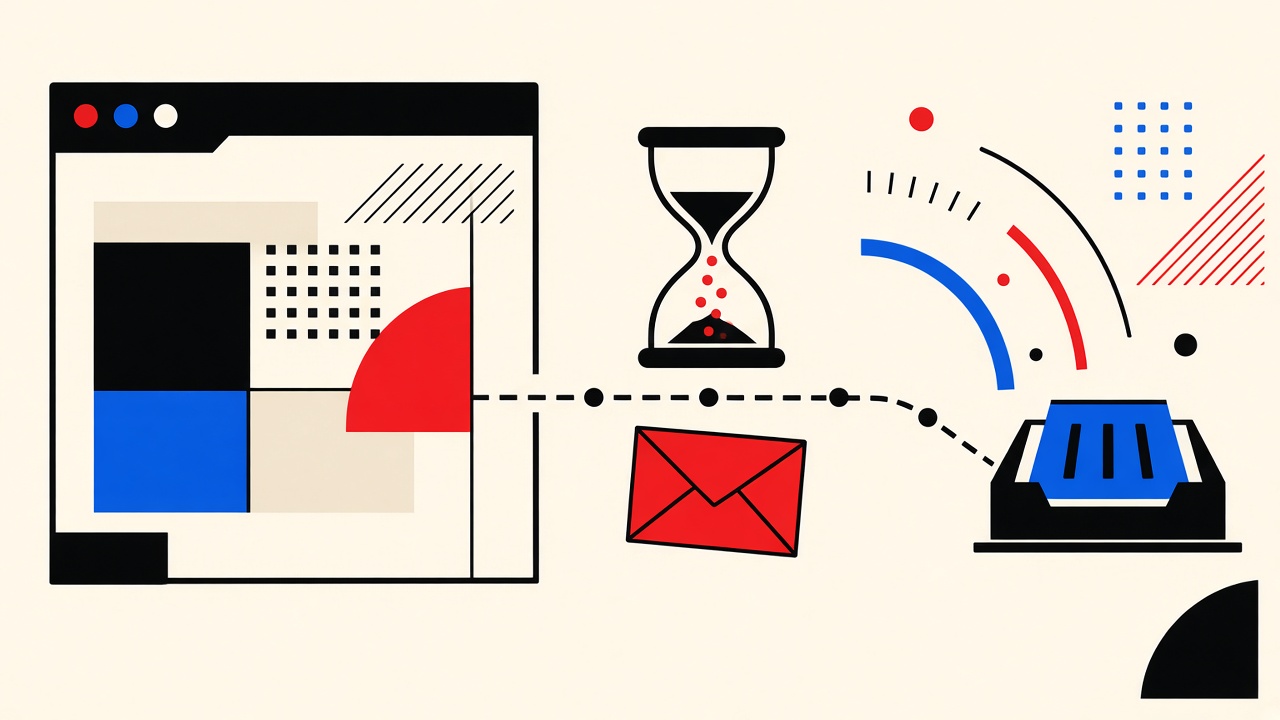Browser frame, hourglass over delayed envelope on dashed conveyor to inbox