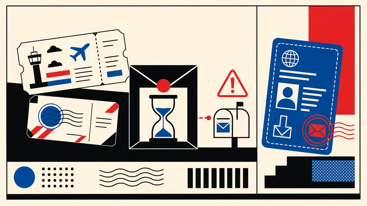 Travel ticket paper and free-trial stub beside a disposable hourglass envelope and blue durable address card