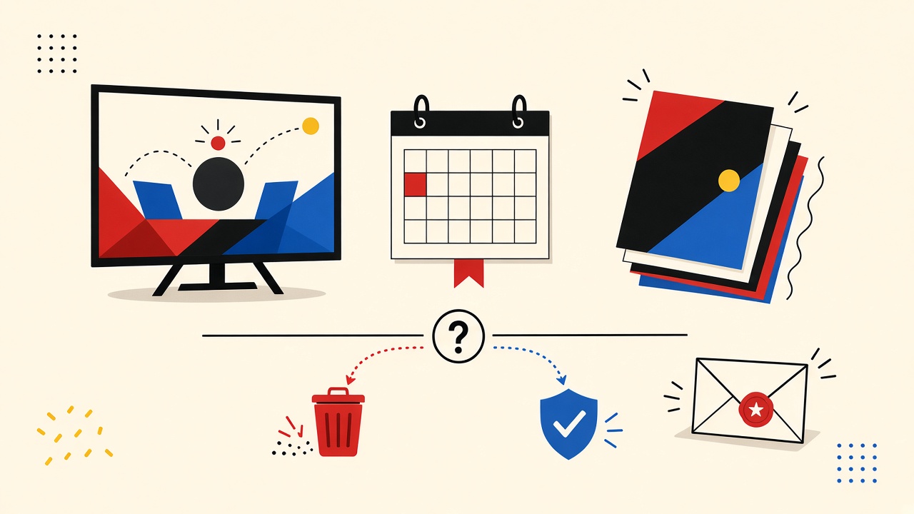 Geometric webinar screen, trial calendar card, marketing flyers, and a separate receipt envelope