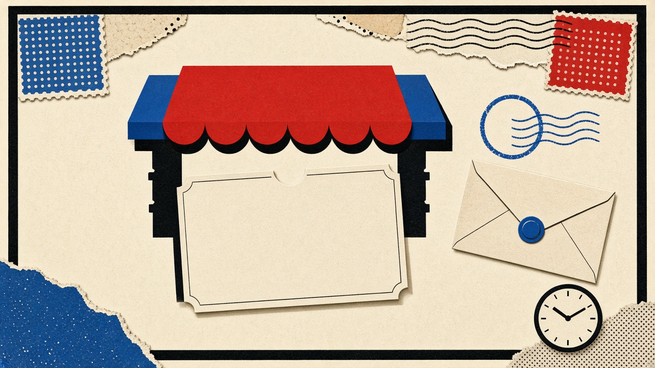 Store awning, blank loyalty card, disposable envelope, and clock on cream paper