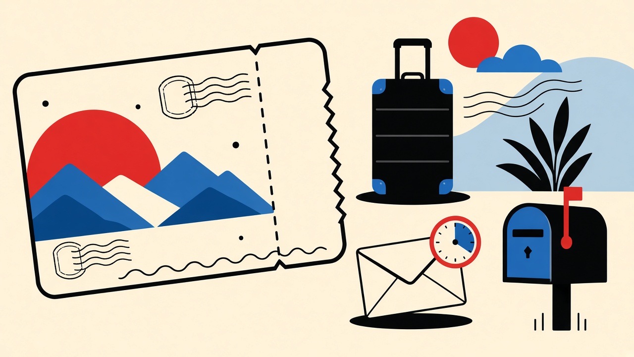 Blank boarding-pass shape with suitcase and disposable versus durable mailbox icons