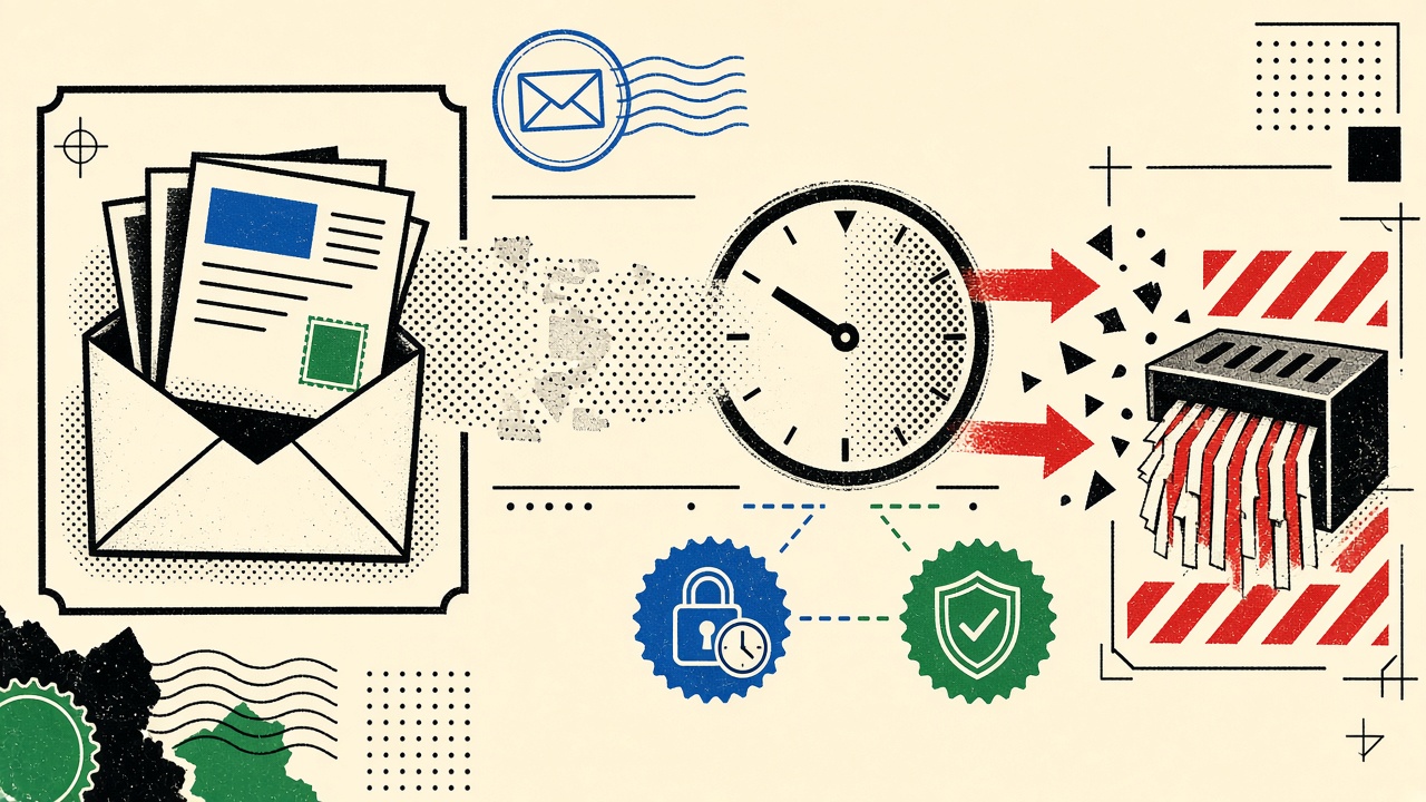 Open envelope with fading pages into purge clock and separate lease and retention stamps