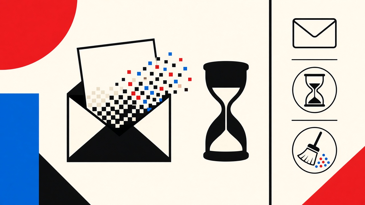 Open envelope with fading message paper, hourglass, and flat purge icon on cream