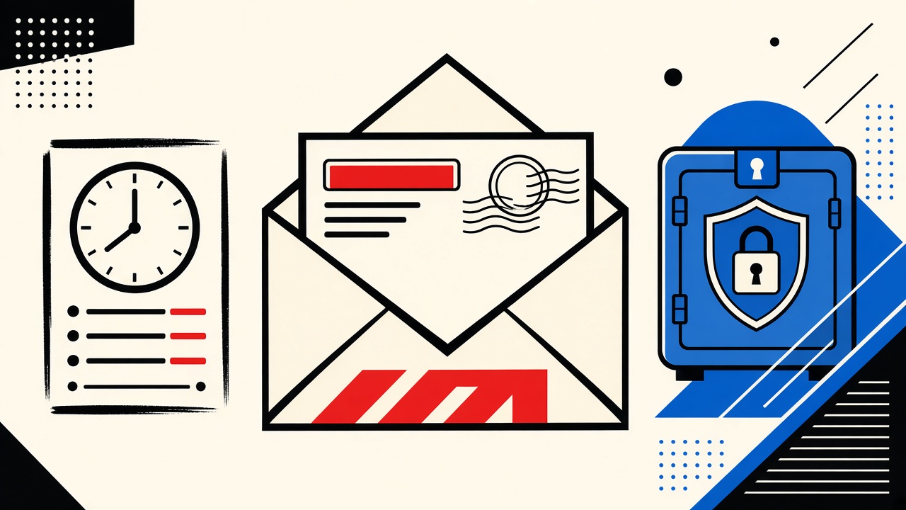Opened envelope showing a sender stamp beside a purge clock and retention ledger on cream paper
