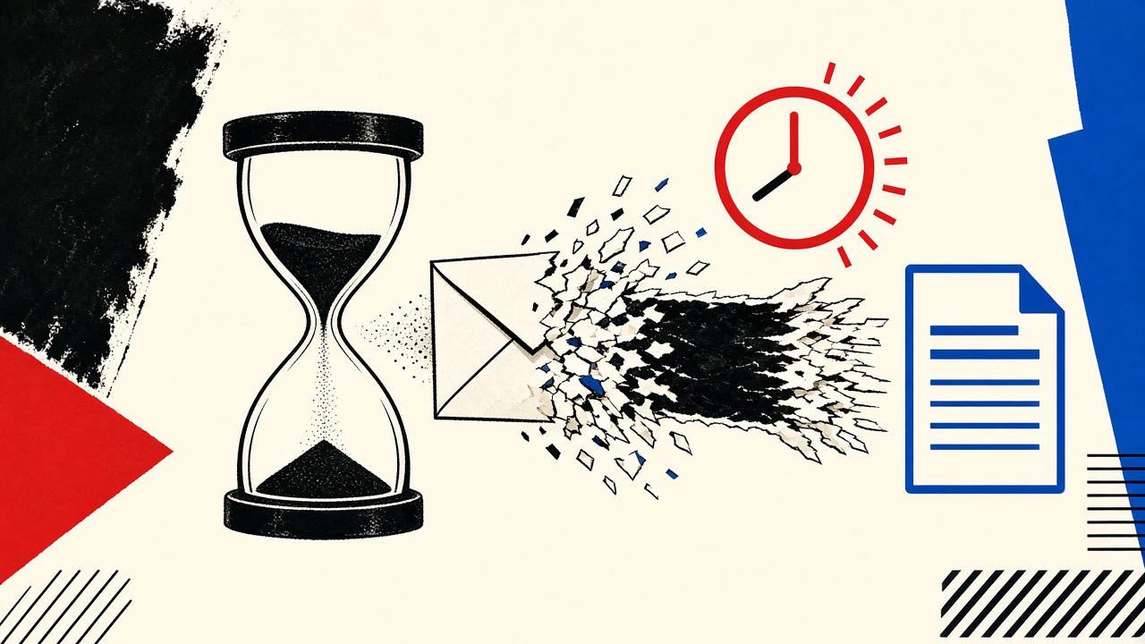 Hourglass over a dissolving envelope with a fading sender strip