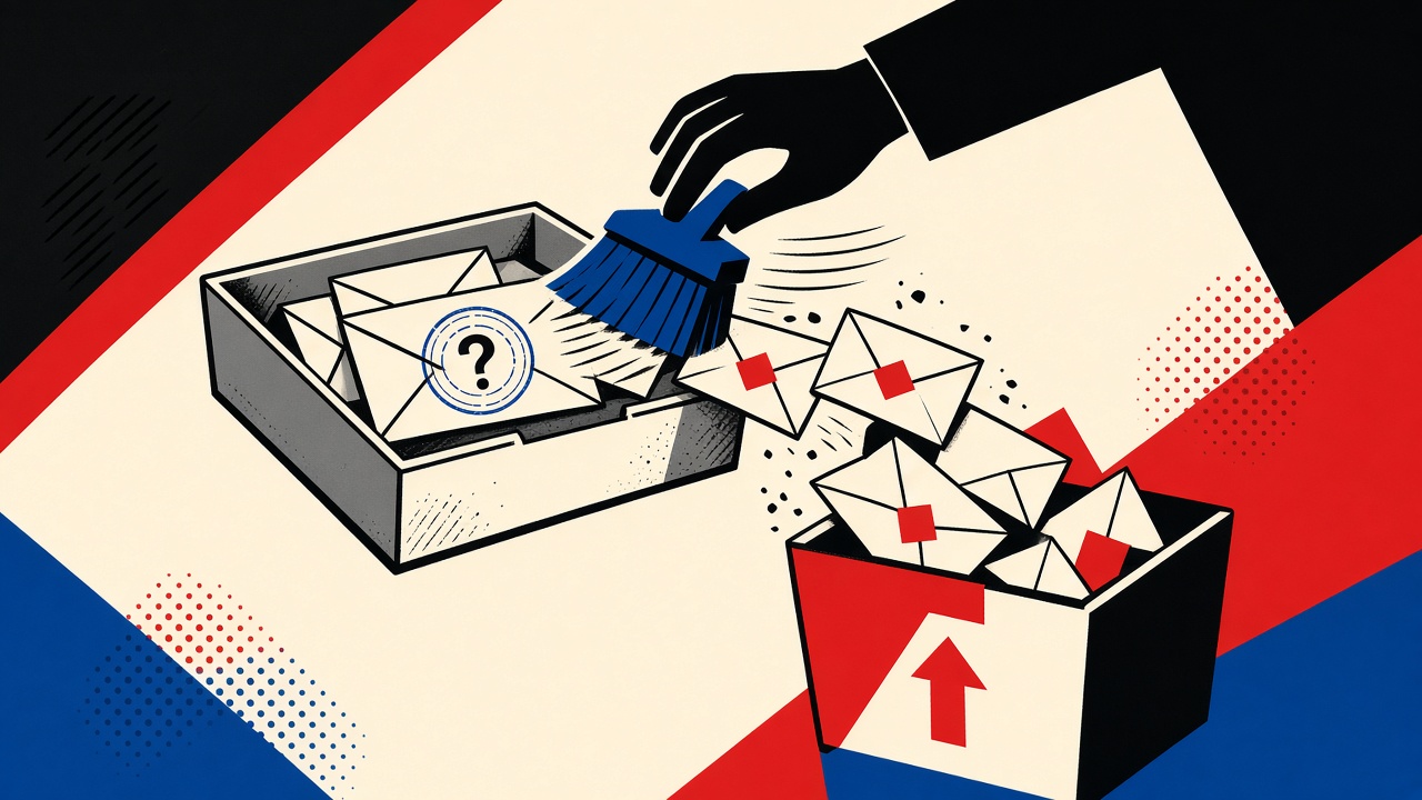 Temporary inbox tray manually cleared into a purge bin with a sender stamp silhouette remaining as a question