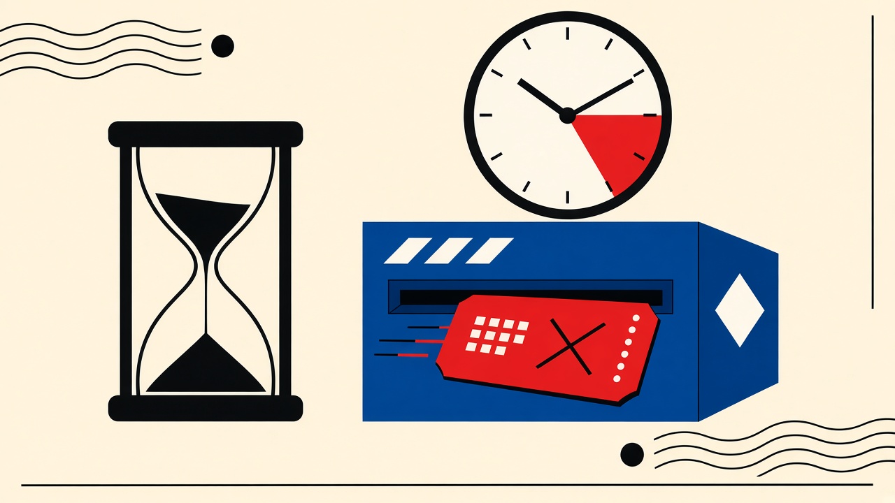 Hourglass and expired OTP ticket arriving late into a blue mail slot beside a clock past deadline