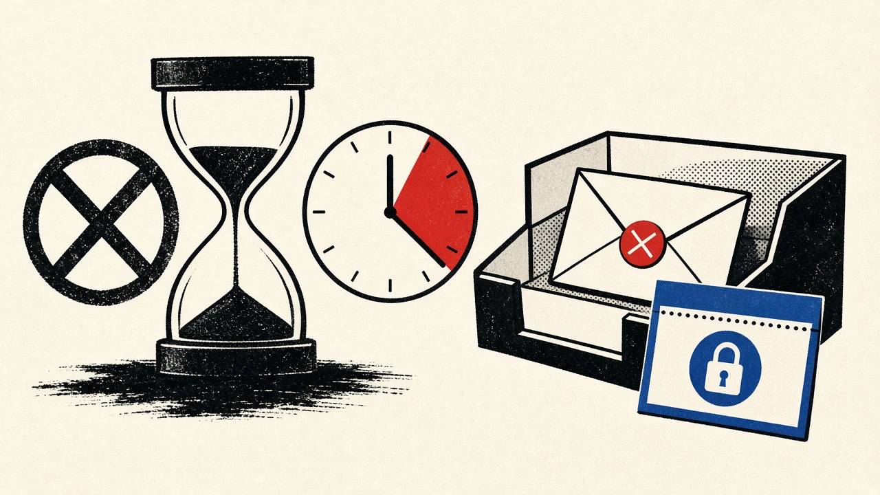 Clock past a deadline mark beside a late verification code card and mail tray