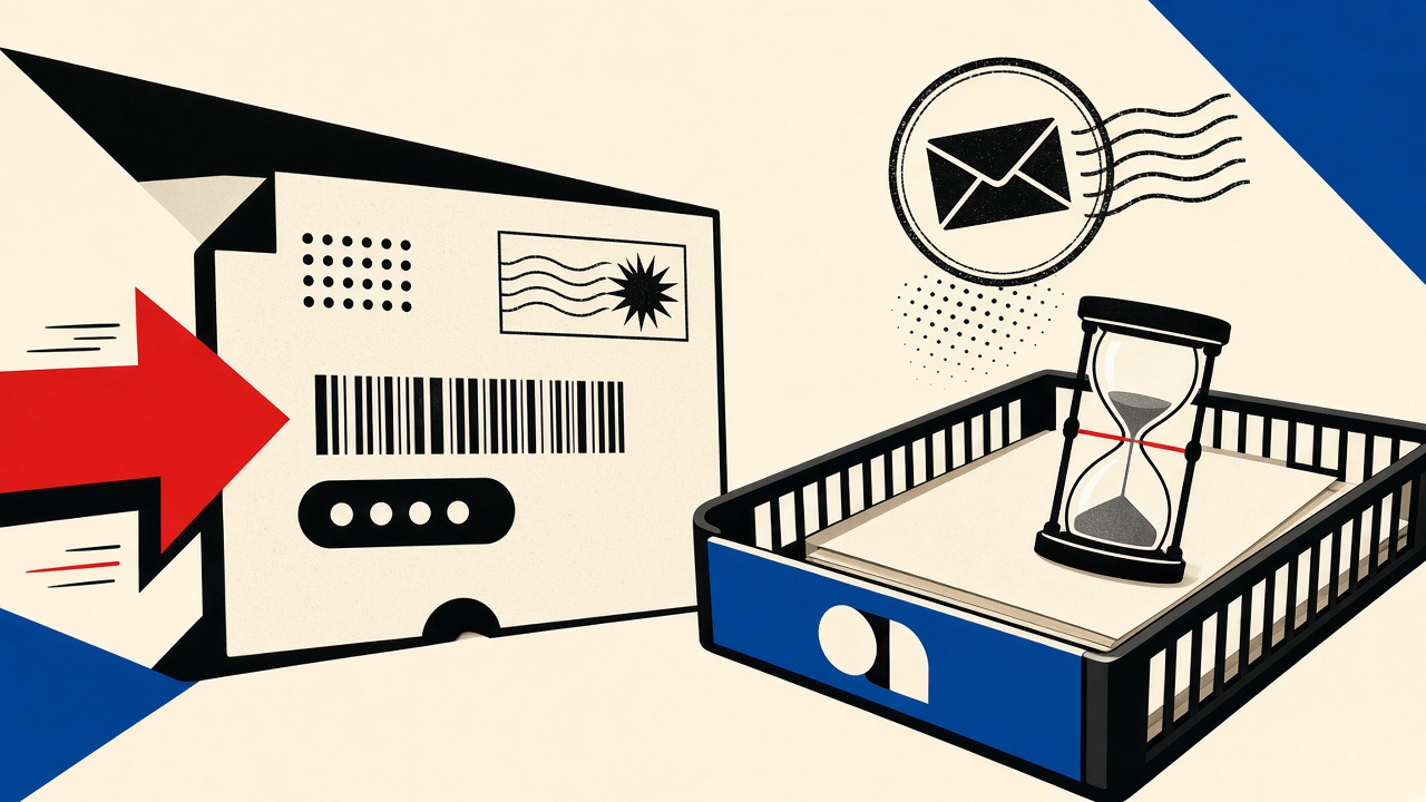 Cream illustration of a late verification card beside an expired hourglass and mail tray