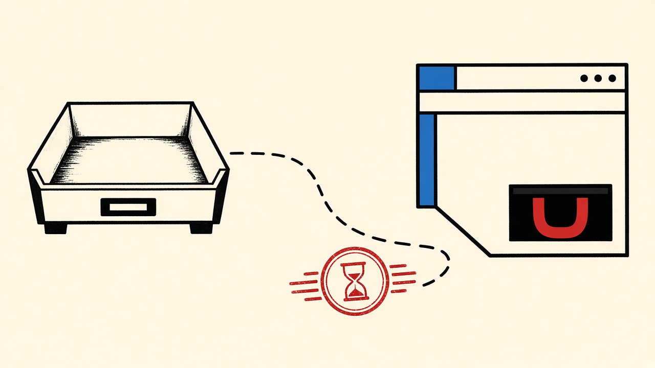 Empty mail tray with a blocked dashed delivery path and red delay stamp on cream paper