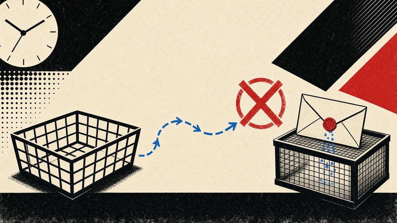 Cream editorial scene of an empty mail tray, filter sieve holding an envelope, and dashed delivery path ending in a red stop mark