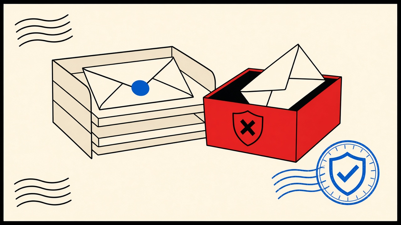 Letter tray with one envelope sorted into a red spam quarantine bin beside a blue trust stamp