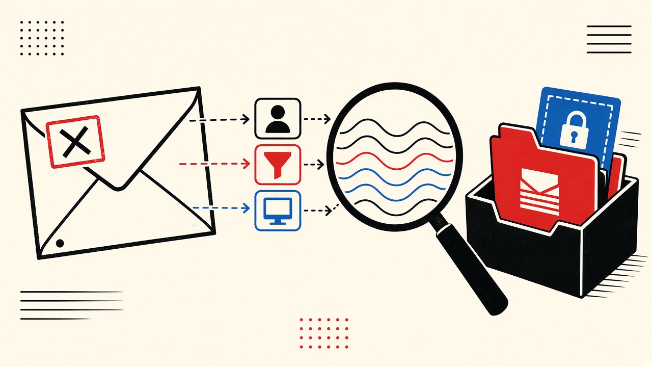 Envelope over a junk-folder tray with a magnifying glass on mail path layers