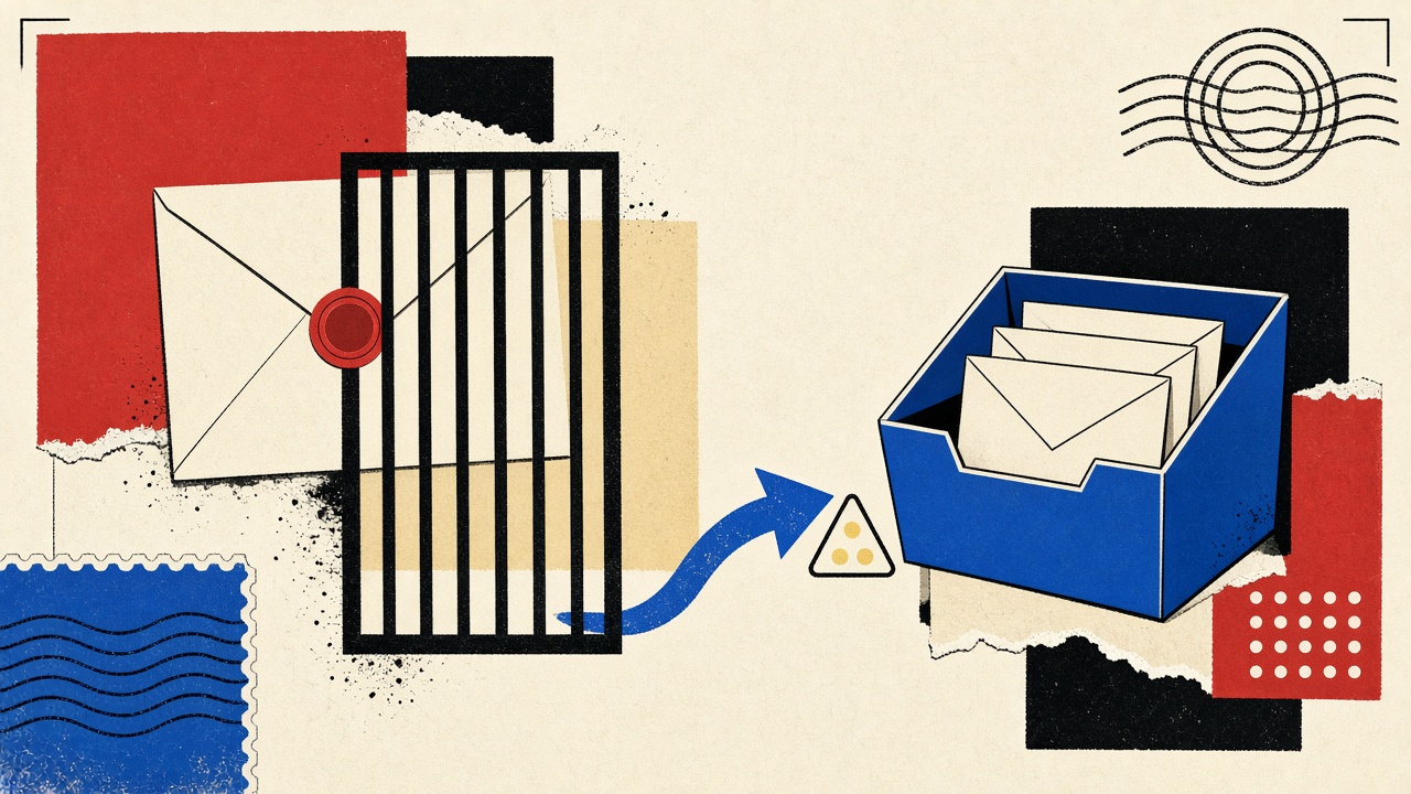Verification envelope blocked behind a spam filter gate with a trust path to an inbox tray